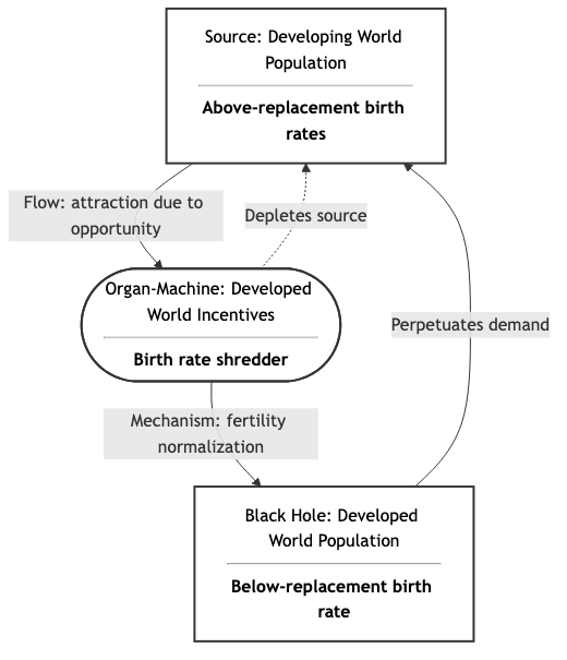 "The first graph, titled Birth Rate Shredder, is a flowchart about global population flow. The top box represents the Source: Developing World Population with above-replacement birth rates. An arrow labeled attraction due to opportunity leads to a middle oval called the Organ-Machine: Developed World Incentives or Birth rate shredder. This middle section has a dashed arrow pointing back that says Depletes source. A downward arrow labeled fertility normalization leads to the bottom box, called the Black Hole: Developed World Population with below-replacement birth rates. A final arrow leads from the bottom back to the top, labeled Perpetuates demand."