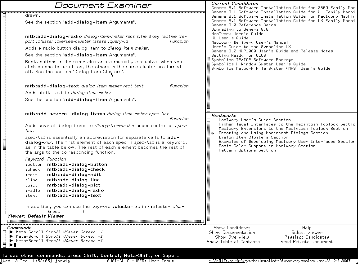 Symbolics Document Examiner Screen 1